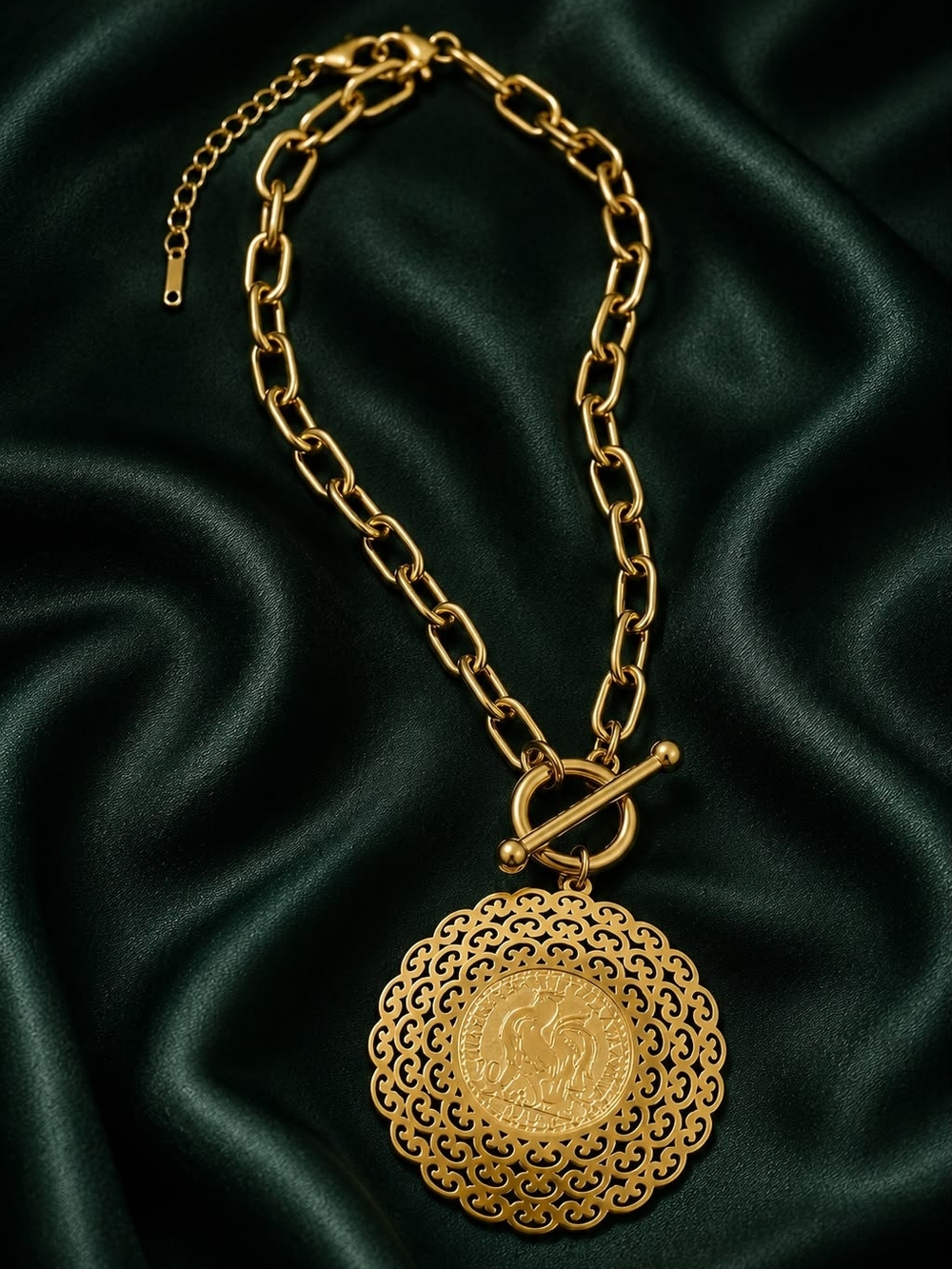 Gold Filigree Coin Pendant Chain Necklace - Picture 3 of 7